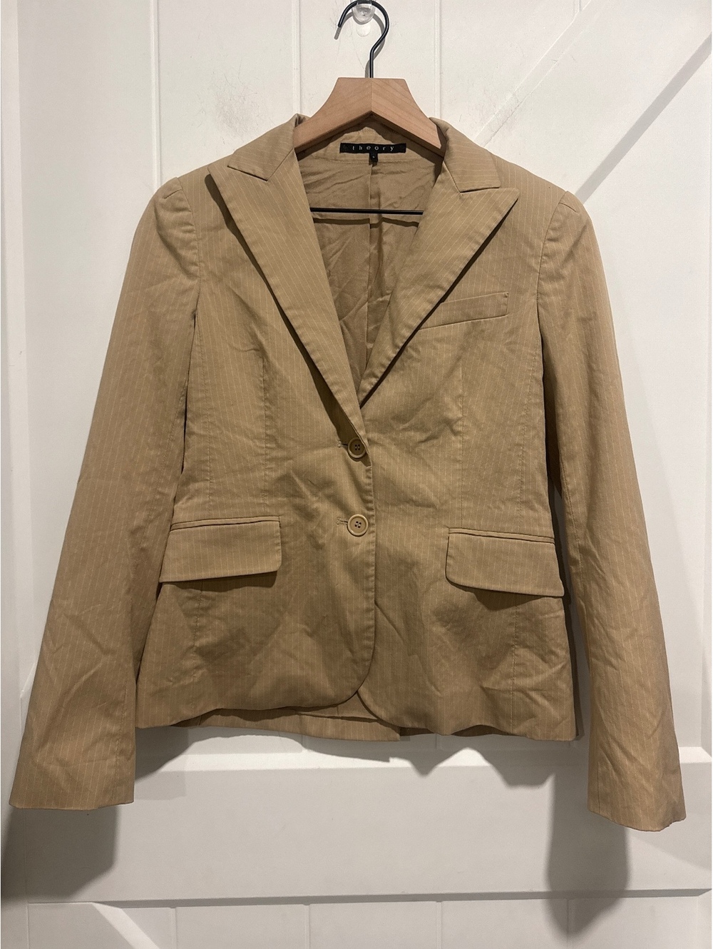 Theory Beige Cotton Blend Blazer Jacket with Subtle Pinstripe, Size P